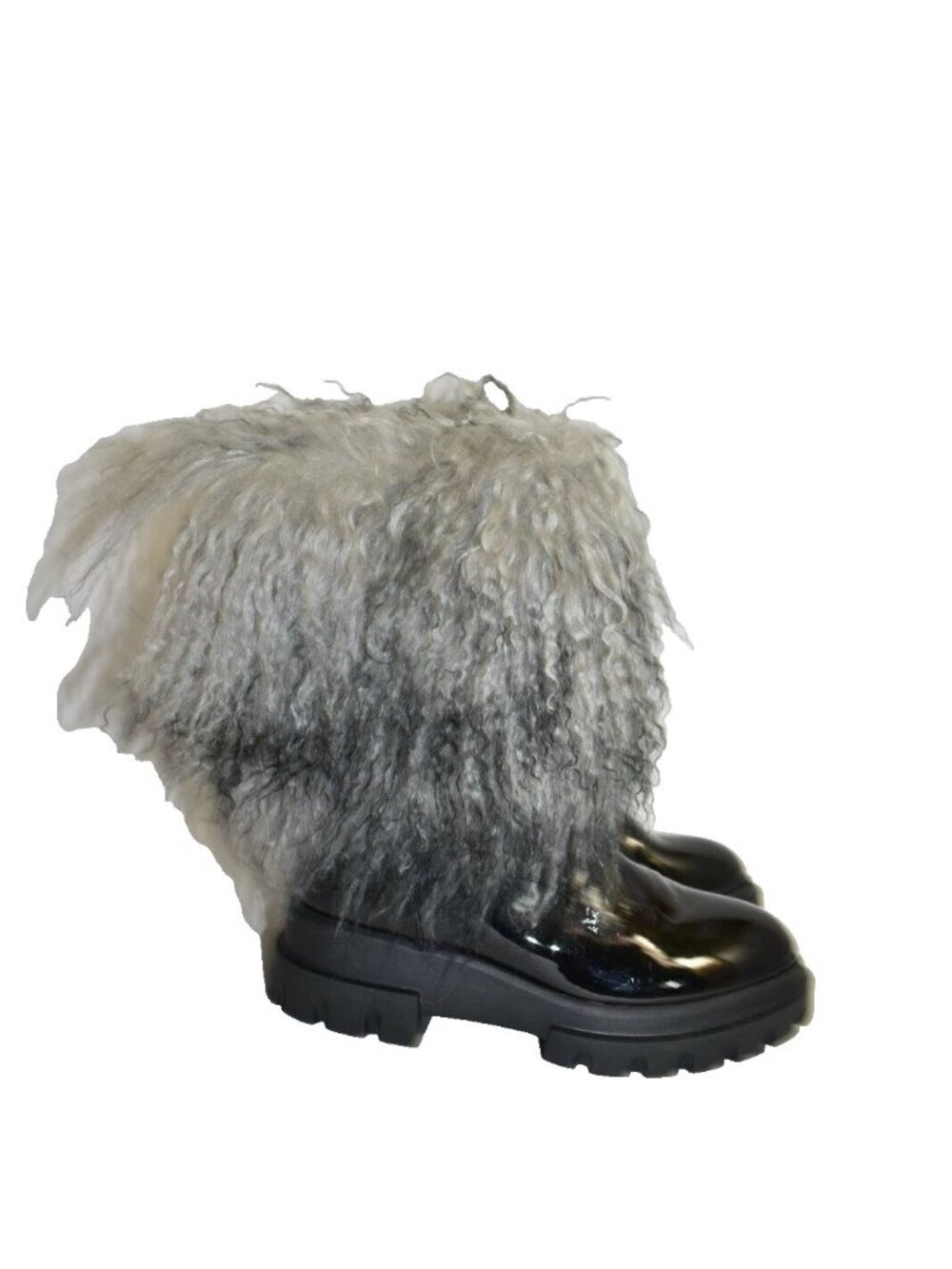 $600 AGL CHUNKY PLATFORM LONG HAIR SHEARLING PATENT BLACK 36 (MW2)